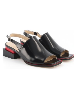 Black Patent Sandal Heels with Red Detail