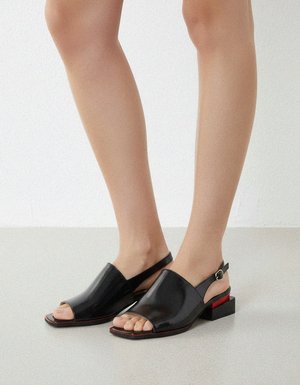 Black Patent Sandal Heels with Red Detail