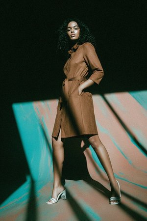 Brown Faux Suede Mini Shirt Dress with Tie Waist