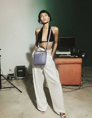 Purple Leather Shoulder Bag with Stud Accents