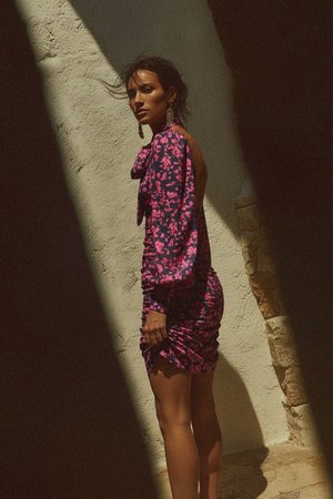 Floral Print Mini Dress with Tie-Neck Detail