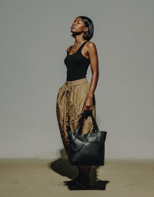 Black Leather Tote Bag with Studded Strap Detail