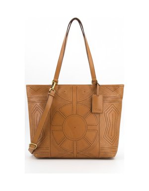 Brown Perforated Leather Tote Bag with Shoulder Strap