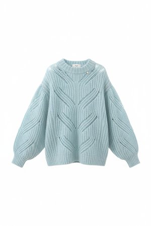 Oversized Light Blue Open-Knit Sweater with Balloon Sleeves