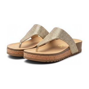 Sparkling Gold Rhinestone Cork Platform Thong Sandals