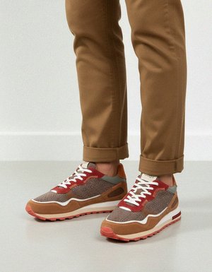 Brown Suede & Woven Panel Casual Sneakers