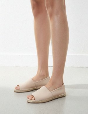 Beige Leather Peep-Toe Espadrille Sandals