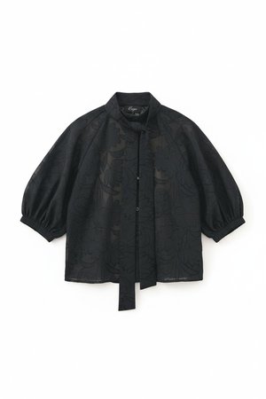 Textured Floral Tie-Neck Blouse with Voluminous Sleeves