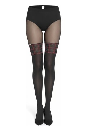 Black Sheer Tights with Red Plaid Thigh Detail