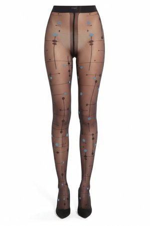 Black Sheer Tights with Abstract Blue Dot Pattern