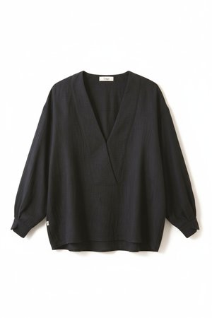 Black Oversized Textured V-Neck Blouse