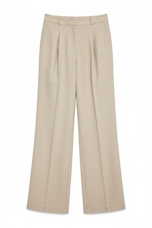 Beige Pleated Wide-Leg Trousers