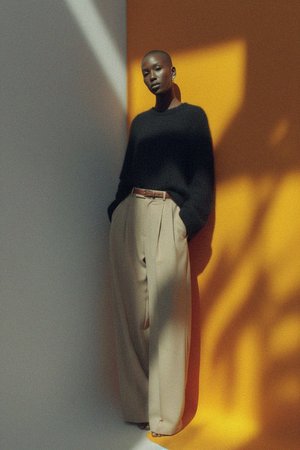 Beige Pleated Wide-Leg Trousers