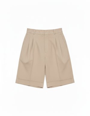 Pleated Beige Shorts with Brown Belt