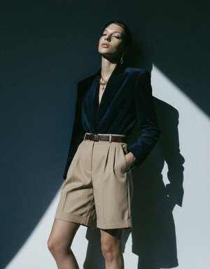 Pleated Beige Shorts with Brown Belt