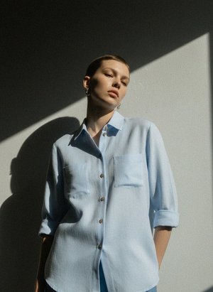 Light Blue Relaxed Fit Button-Up Shirt with Pockets