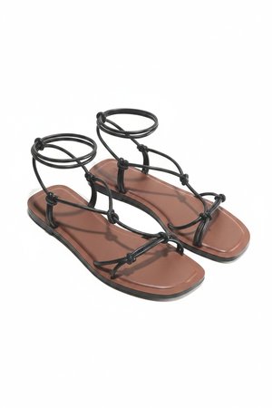 Black Knotted Lace-Up Flat Sandals