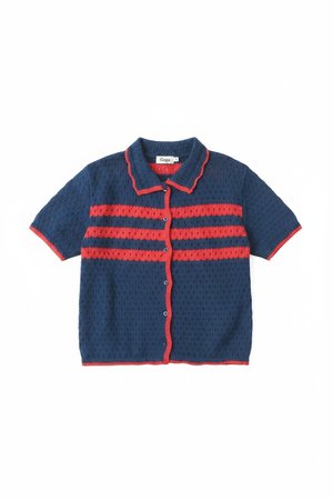 Blue & Red Striped Knit Polo Top