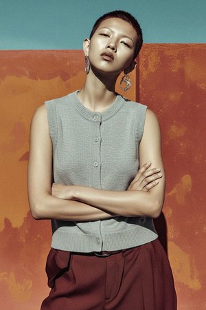 Sleeveless Knit Button-Front Cardigan Vest