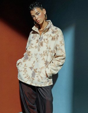Floral Half-Zip Fleece Pullover Sweater
