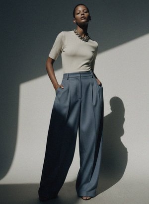 Blue Wide-Leg Pleated Pants