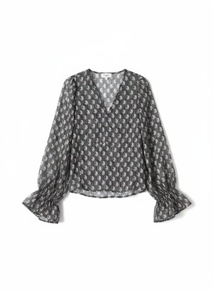 Elegant Sheer Patterned Blouse with Ruffled Sleeves