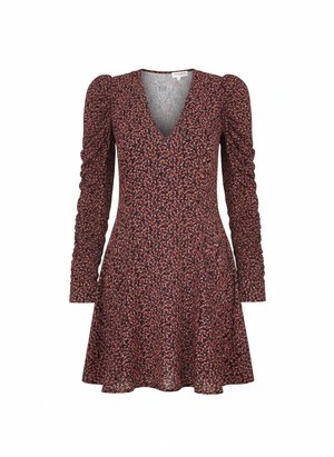 Floral Print V-Neck Mini Dress with Ruched Sleeves