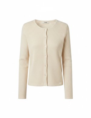 Beige Ribbed Knit Button-Front Cardigan