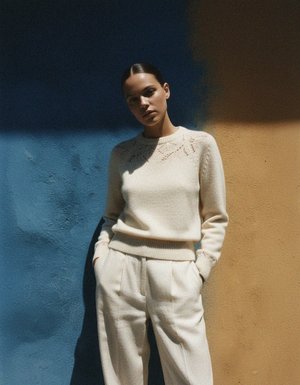 Cream Knitted Sweater with Lace Detail