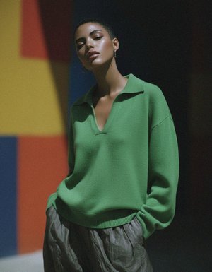 Relaxed Fit Green V-Neck Collared Sweater