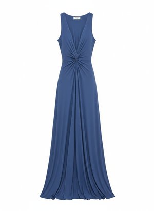 Flowing Blue Maxi Dress with Deep V-Neck & Open Back