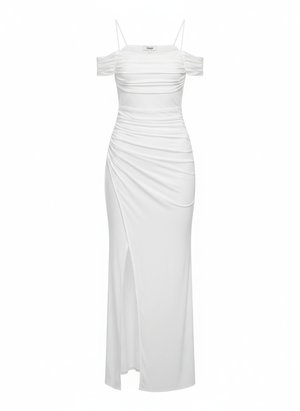 Elegant White Ruched Slit Maxi Dress