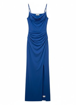 Blue Maxi Dress with Cowl Neck and High Slit