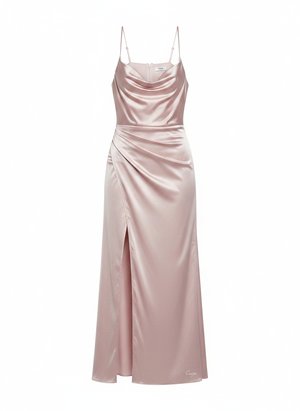 Elegant Pink Satin Cowl Neck Maxi Dress with Slit
