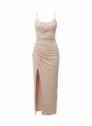 Elegant Beige Ruched Maxi Dress with High Slit