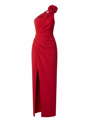 Elegant Red One-Shoulder Maxi Dress with Thigh Slit