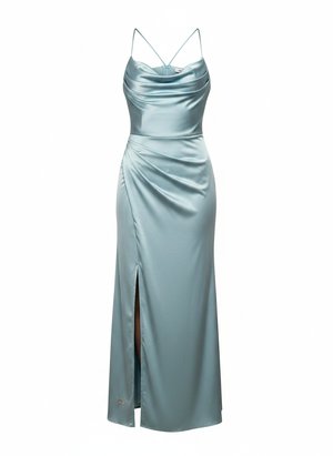 Elegant Blue Satin Maxi Dress with Cowl Neck & Slit