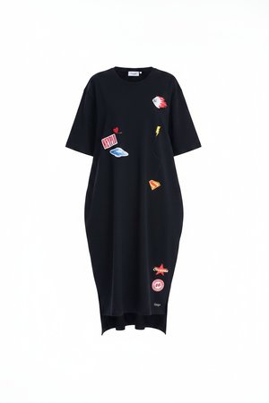 Oversize Black Midi Dress with Fun Graphic Patches