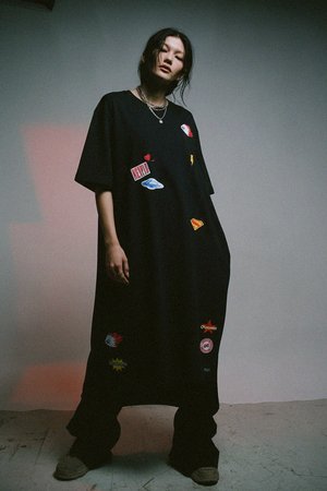 Oversize Black Midi Dress with Fun Graphic Patches