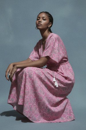 Flowy Pink Paisley Maxi Dress with Tassel Tie Waist