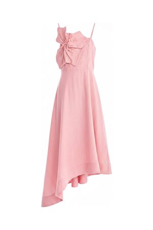 Pink Asymmetrical Midi Dress with Statement Bow