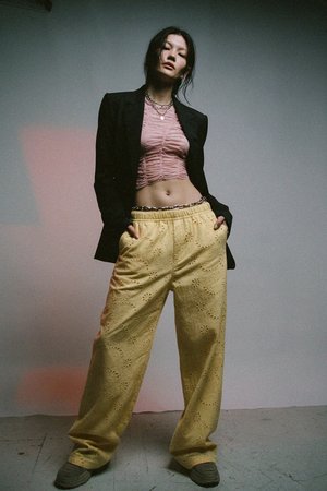 Yellow Eyelet Wide-Leg Pants