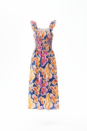Vibrant Floral Smocked Midi Dress with Ruffle Straps
