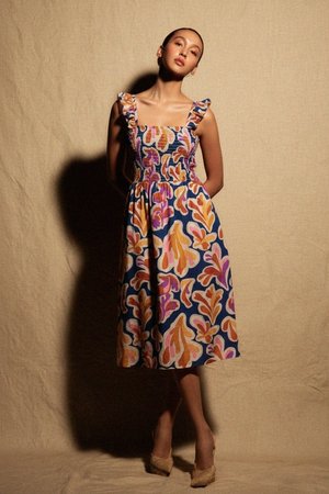 Vibrant Floral Smocked Midi Dress with Ruffle Straps