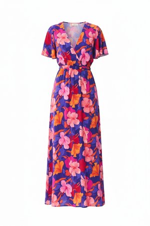 Vibrant Floral Print Maxi Dress with Flutter Sleeves