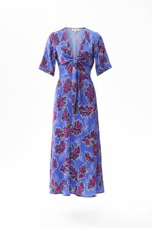 Blue Floral Tie-Front Midi Dress