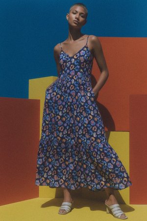 Abstract Floral Print Tiered Maxi Dress