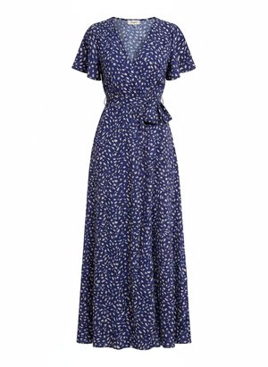 Blue Patterned Maxi Wrap Dress with Slit