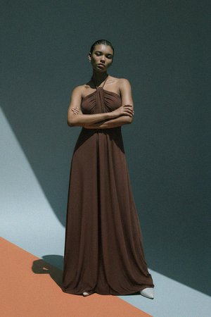 Flowy Brown Halter Neck Maxi Dress