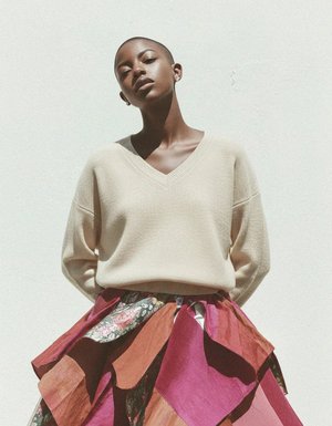 Beige V-Neck Relaxed Knit Sweater